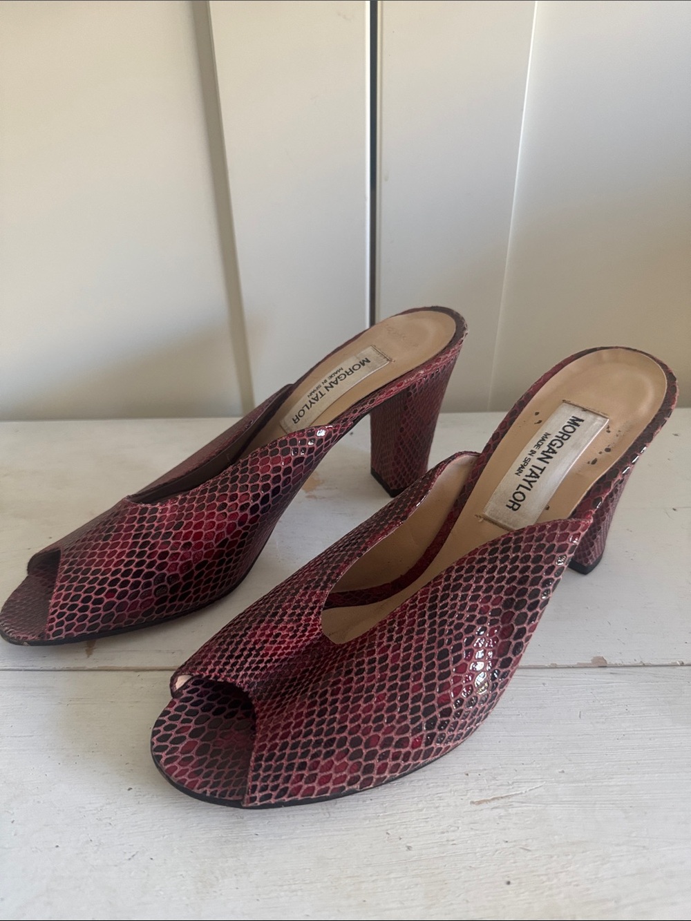 Morgan Taylor Burgundy Snakeskin Peep-Toe Block Heel Mules